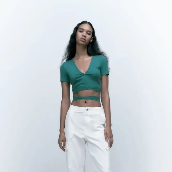 NWT Zara teal TIED RIB TOP - Picture 2 of 10